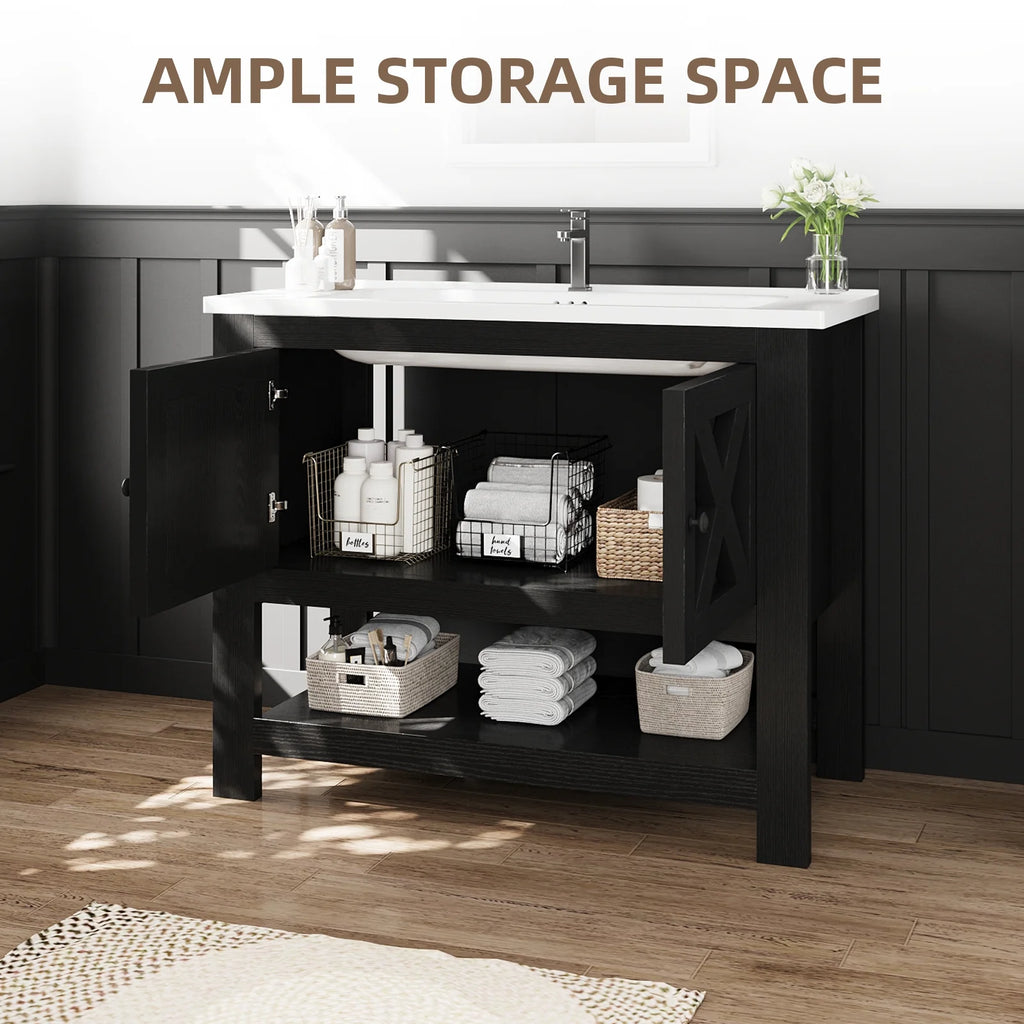 DreamCurship Bathroom Vanity with Sink Combo, 35'' Bathroom Storage Cabinet with Storage, Farmhouse Bathroom Vanity Cabinet with 2 Doors and Open Shelf, White