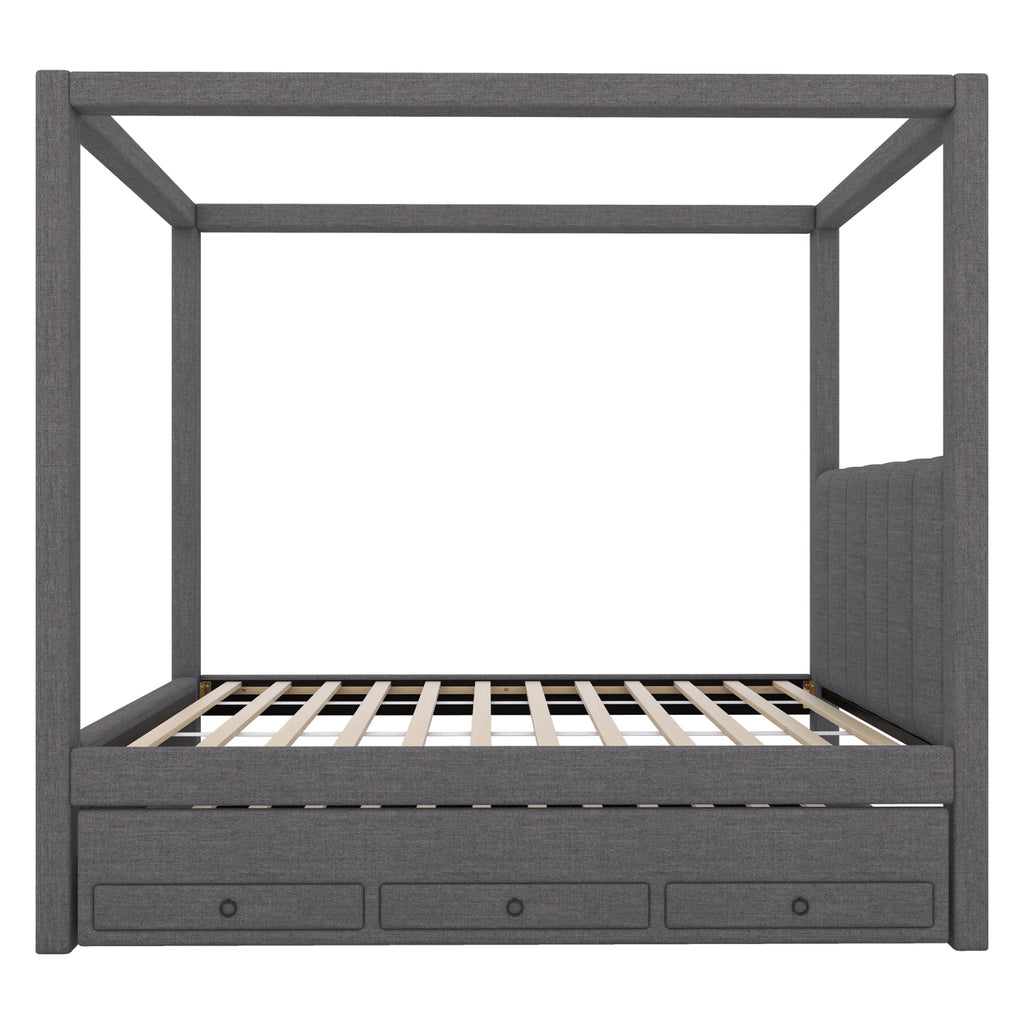 Harper & Bright Designs Twin Size Upholstery Canopy Platform Bed with Trundle and 3 Storage Drawers, Captain Platform Bed Frame with 4-Poster Canopy Roof, Beige