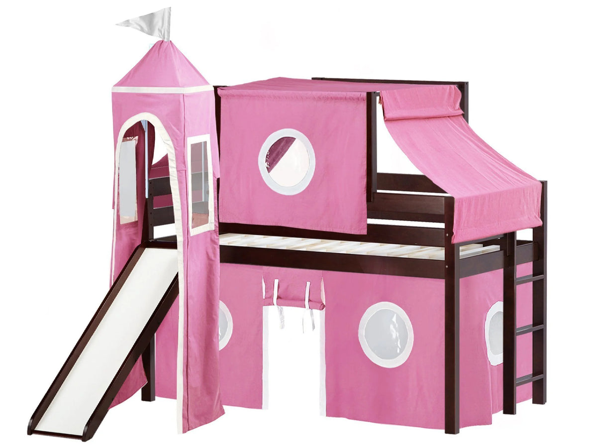 JACKPOT! Castle Low Loft Bed with Slide, Red Yellow and Blue Tent and Tower, Twin, Cherry