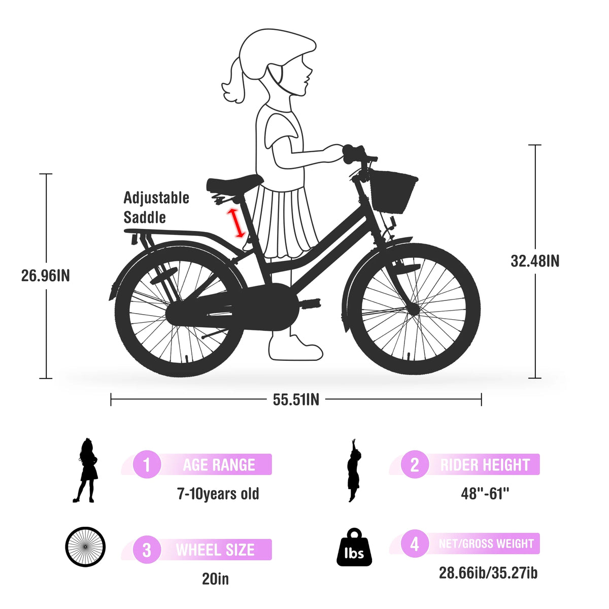 20" Kids Bike Girls Bike with Basket Single Speed Steel Frame Children Bicycle for 7-10 Years, Pink