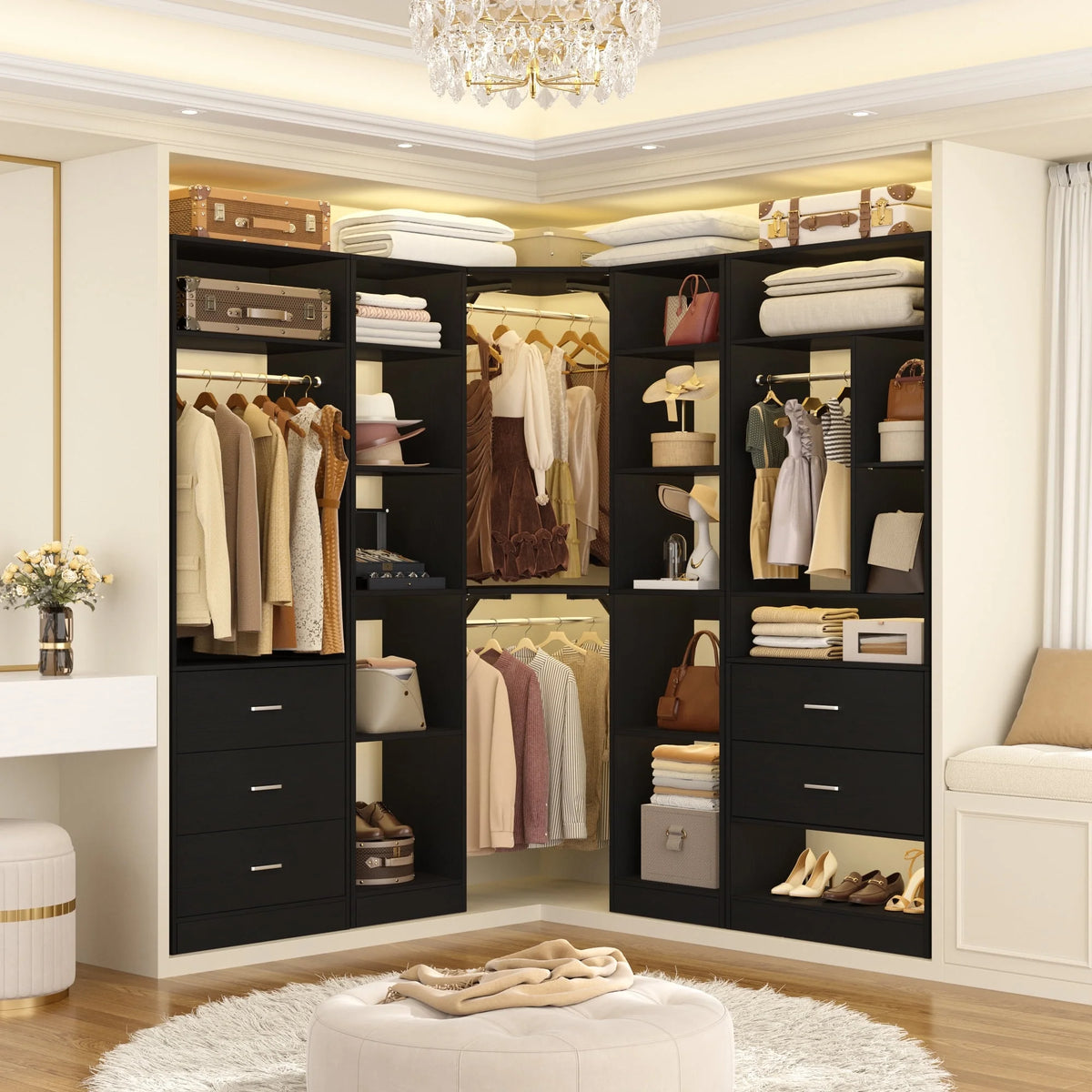 Homieasy Freestanding Closet System with 3 Sets, 87.2" Closet Organizer System with 5 Drawers & 4 Hanging Rods, Reversible L Shaped Walk-in Closets, Black