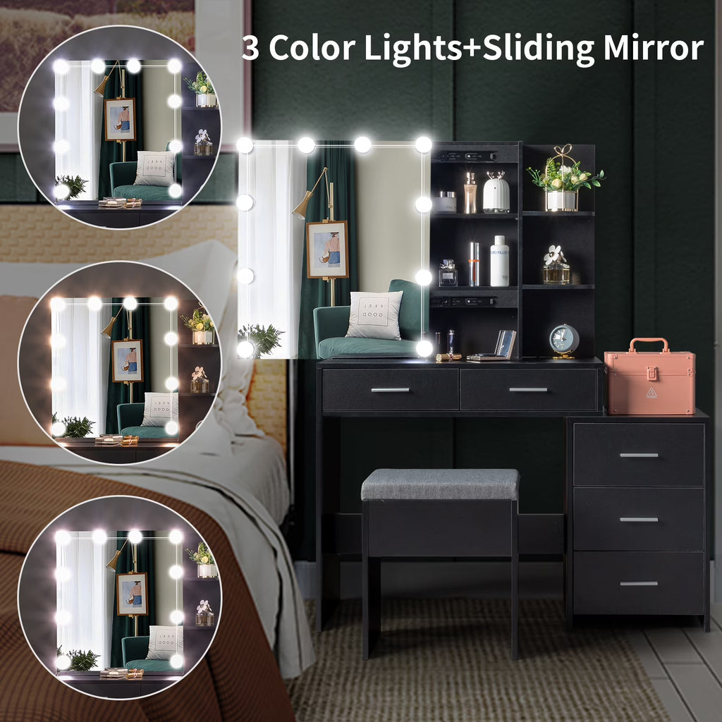Ktaxon Flutted Makeup Vanity Table Set with 5 Drawer, Dressing Table w/Charging Station, Vanity Desk for Femal Gift, White