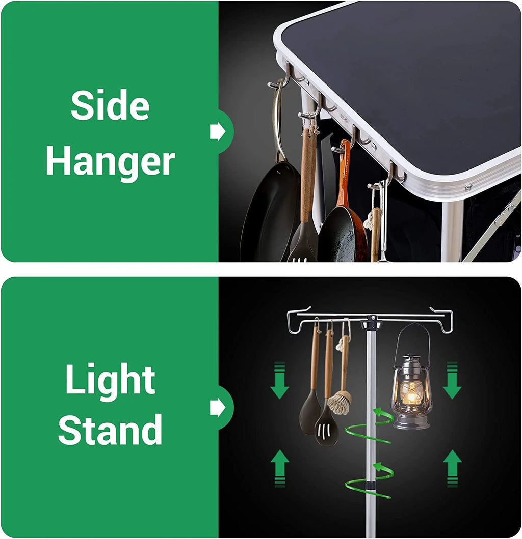 C Camping Kitchen Table, Folding Table, Upgrade Light Stand and Windshield Cooking Station & 3 Organizers, Carry Bag for Outdoor, Beach, BBQ, Picnic, Cooking, Indoor, Office