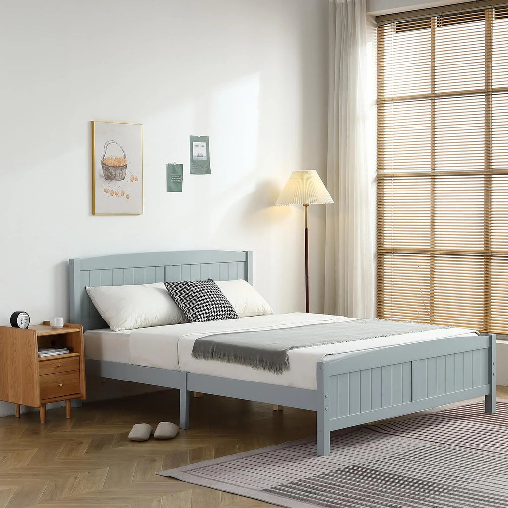 Zimtown Queen Bed Frame,Solid Pine Wood Kids Twin Platform Bed Frame, Bedroom Queen Bed with Headboard for Adults, Gray