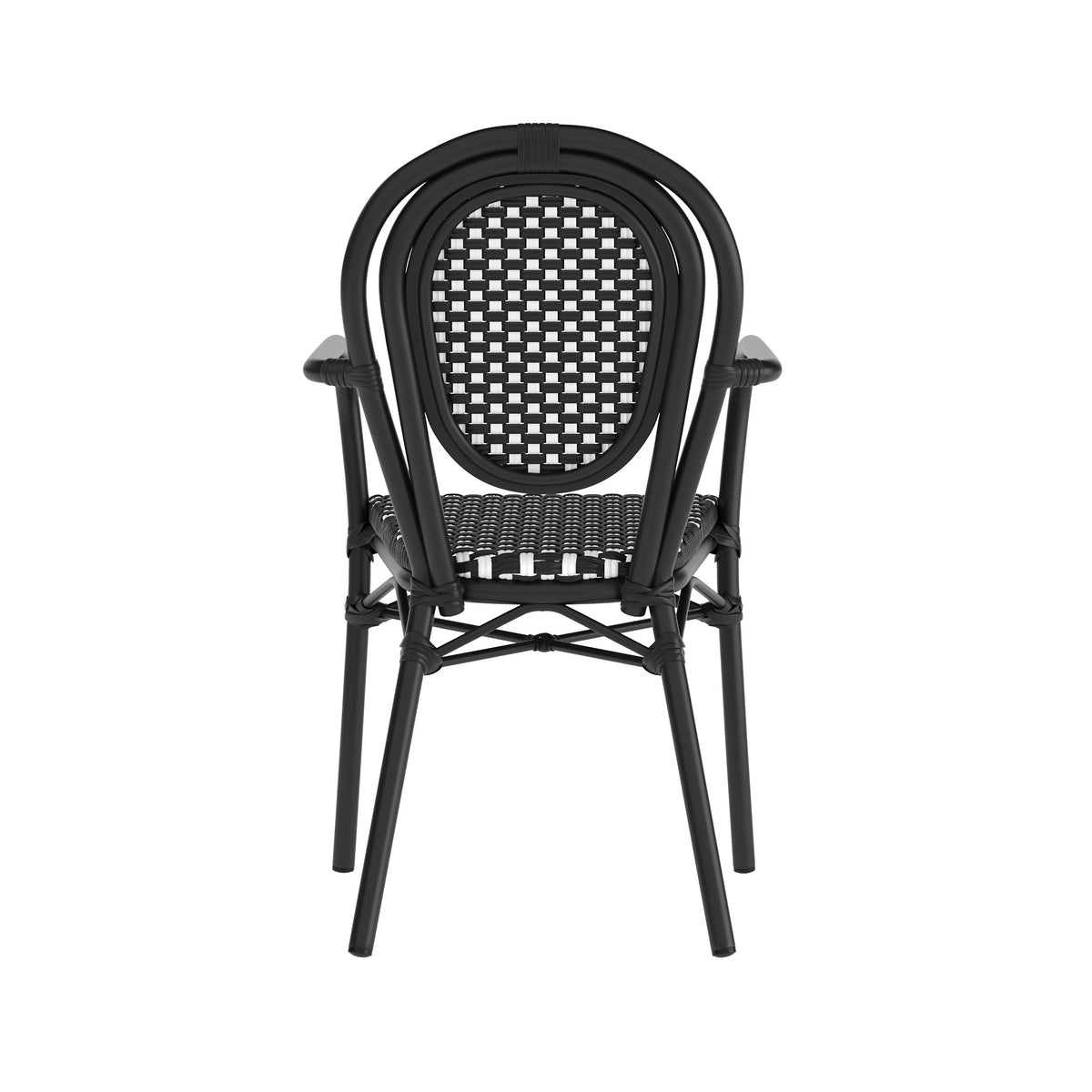Merrick Lane Stacking Thonet French Bistro Style Chair with Arms, Black & White PE Rattan Seat, and Bamboo Finished Metal Frame for Indoor/Outdoor Use