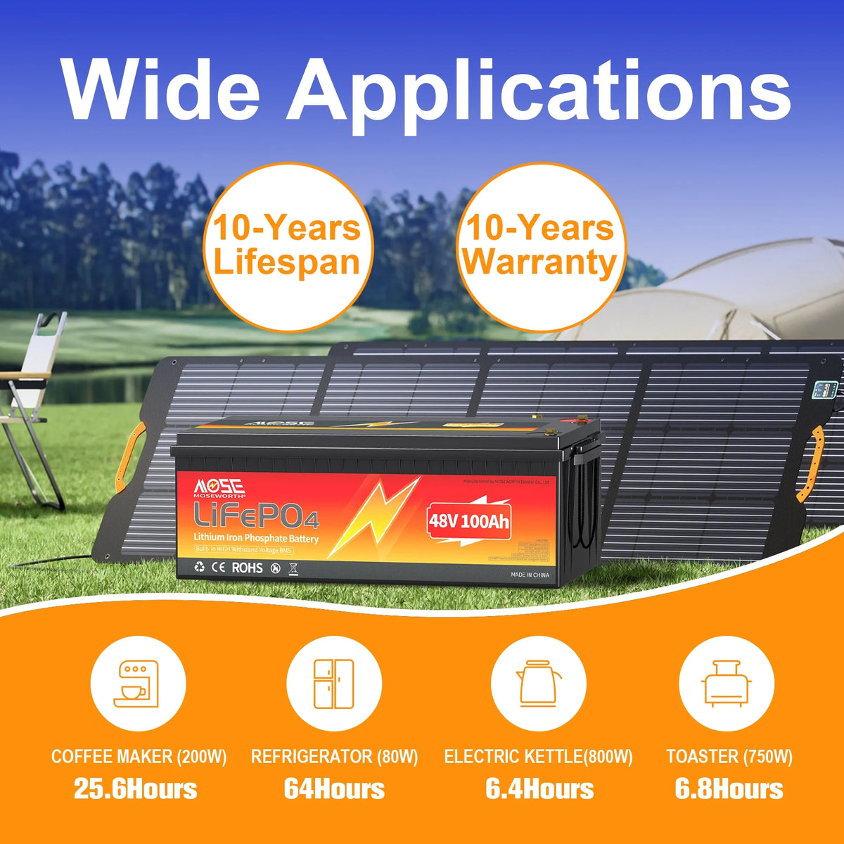 48V 100Ah Golf Carts LiFePO4 Battery,200A BMS,MOSEWORTH Lithium Batteries  with Charger,for RV,Solar,Trolling Motor,Marine,15000+Deep Cycles,2C Rate Discharging