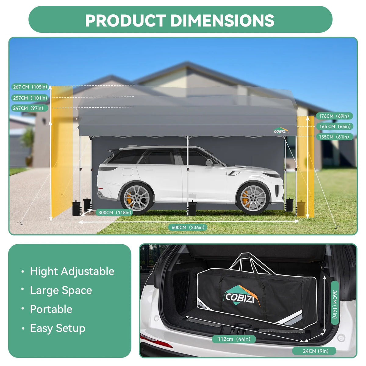 Hoteel Carport Canopy 10x20 Pop Up Shelter with Instant 1-Button Push Center Lock, UV Resistant All-Weather Cover with 2 Sidewalls, Heavy Duty Waterproof Canopy Tent for Cars, Trucks, Boats, White
