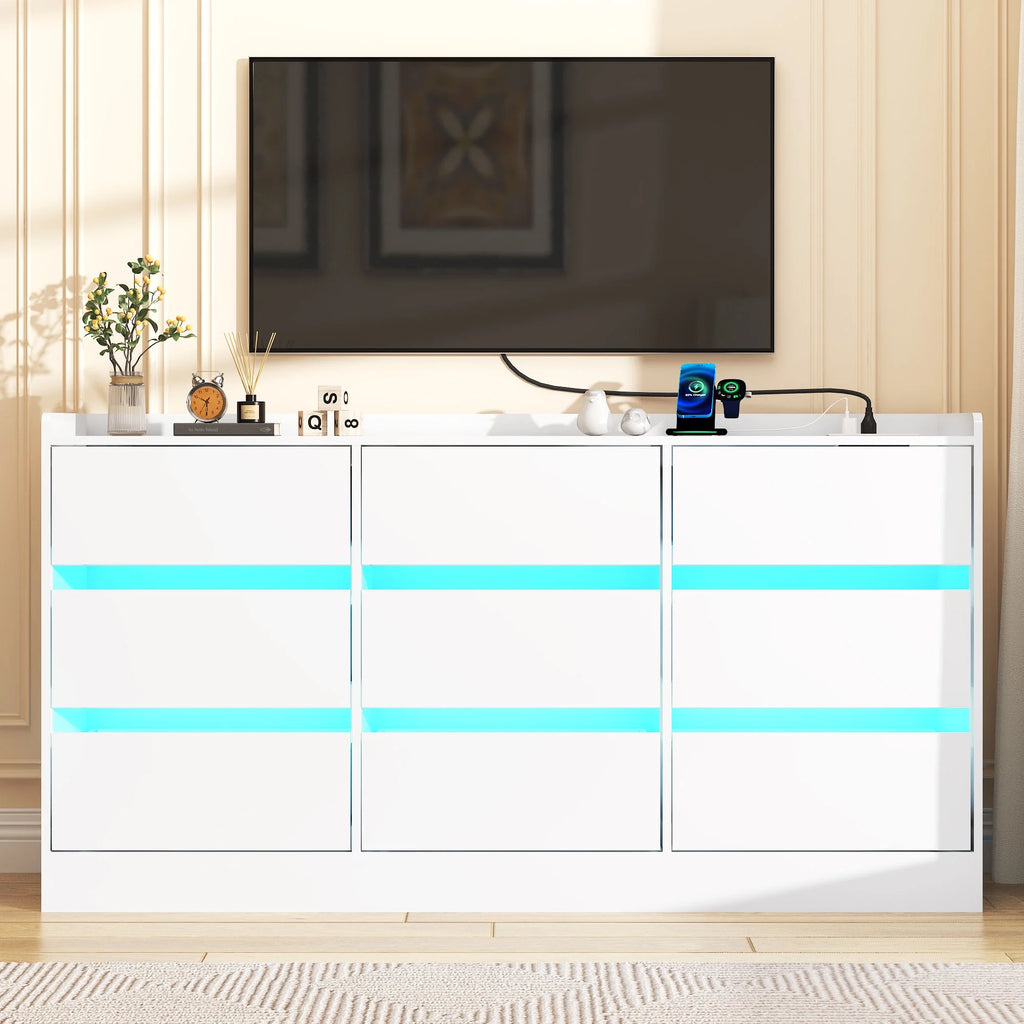 9 Drawer Dresser for Bedroom with Power Outlet, 63" Large Dresser with LED Light, Wooden Dresser For Closet, Chest of Drawers with Raised Edges