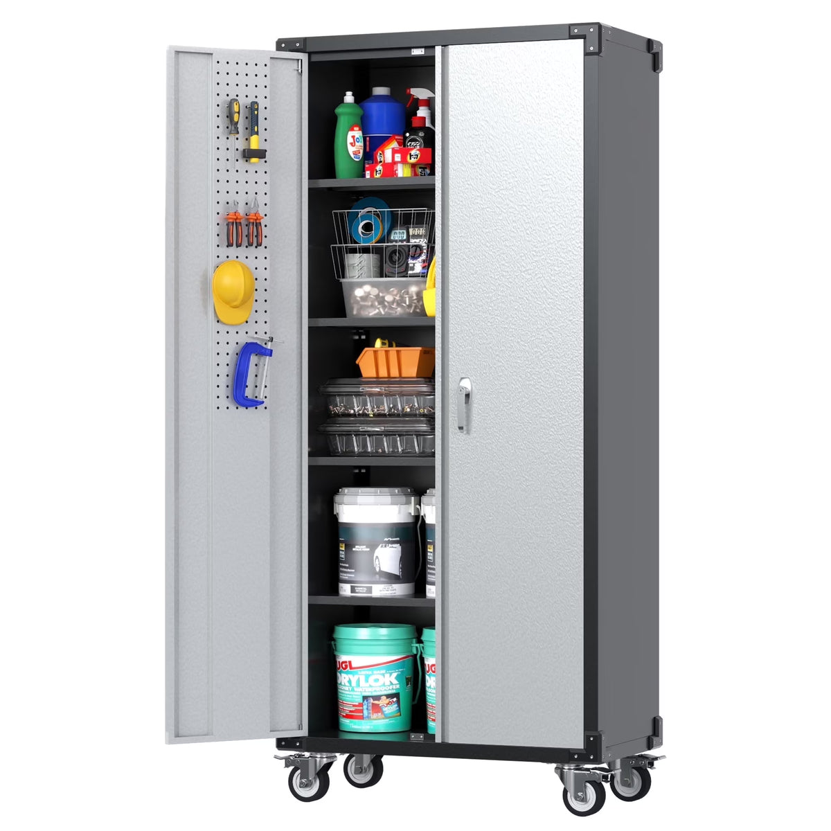 SUPEER 71" Metal Storage Cabinets with Wheels and Pegboards, Industrial Cabinet with 2 Drawers and 2 Adjustable Shelves,, Assembly Required