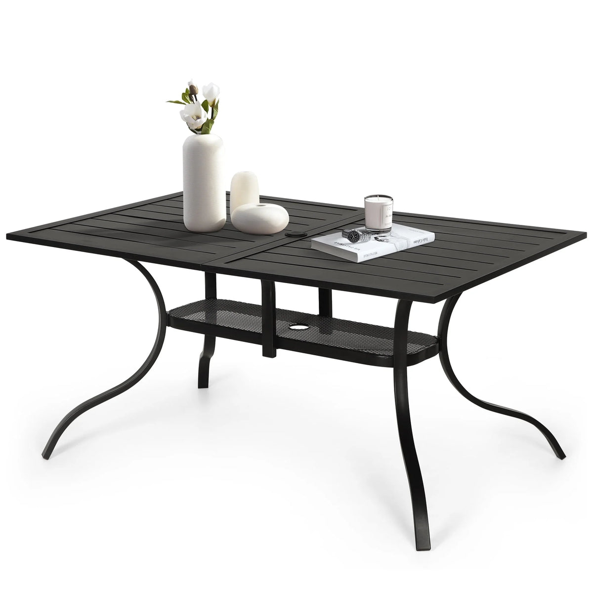 SOLAURA Outdoor Patio Dining Rectangle Metal Table for 6-Person with Umbrella Hole, Black