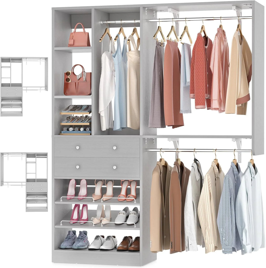 iSunirm 5FT Closet System with Drawers,5FT Closet System with Drawers, 60" Closet Organizer System with 2 Hanging Shelving Perfect Storage Solution for Organizing Your Closet