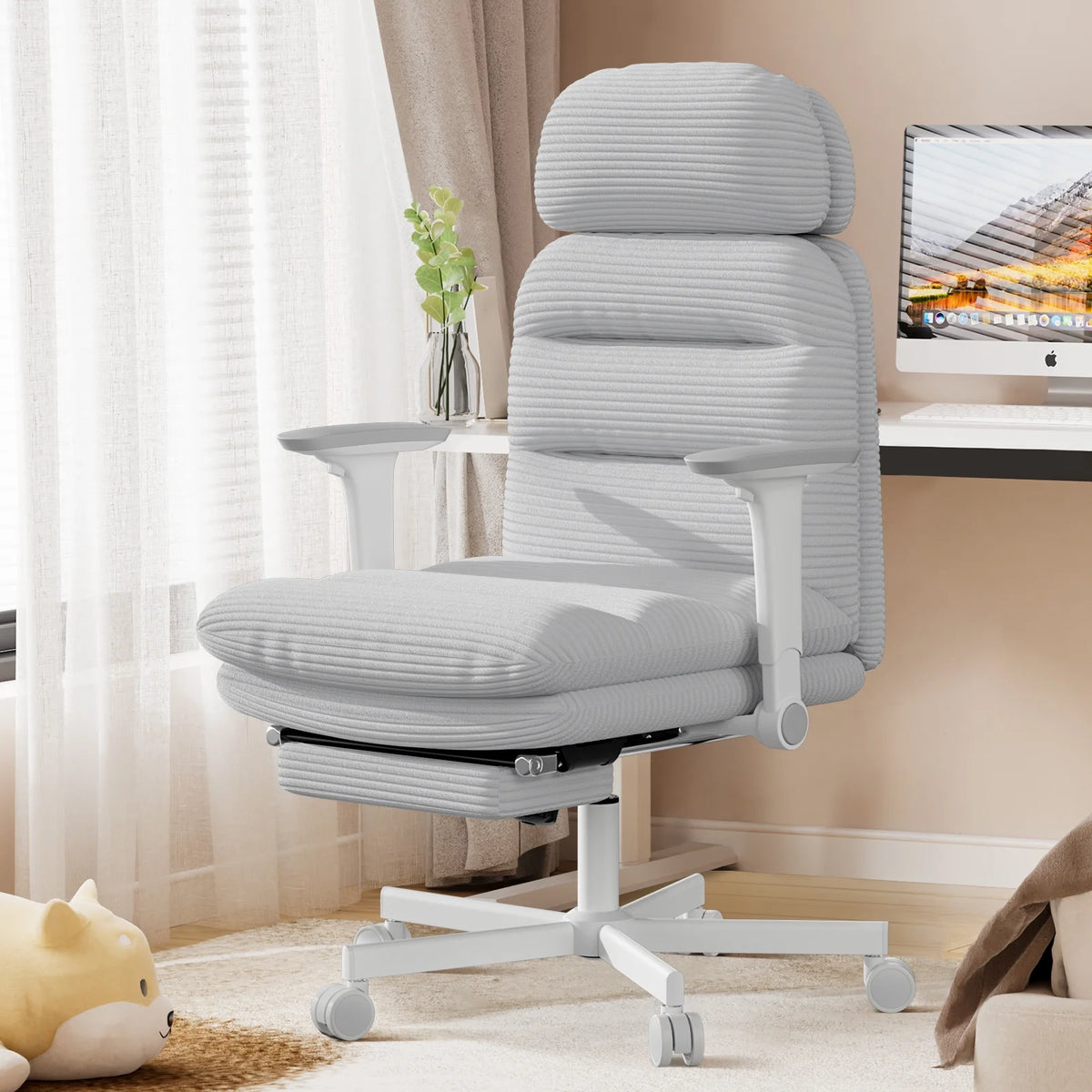 HomeZeer Ergonomic Cross-Legged Office Chair with Footrest & Headrest, Heavy Duty Executive Desk Chair with Flip-up Armrests, Corduroy Fabric Computer Criss Cross Chair for Home Office, Black