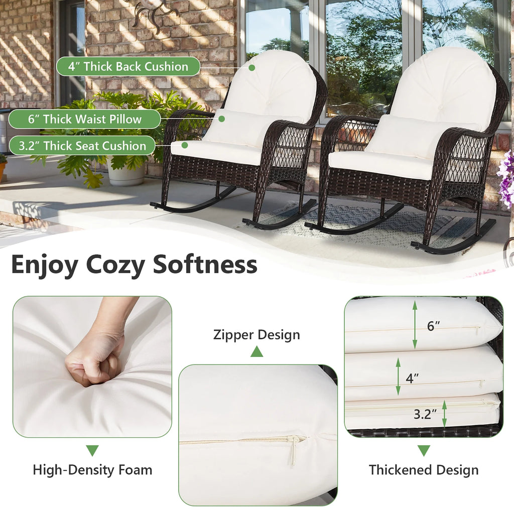 Costway Patio Wicker Rocking Chair W/Seat Back Cushions & Lumbar Pillow Porch Off White