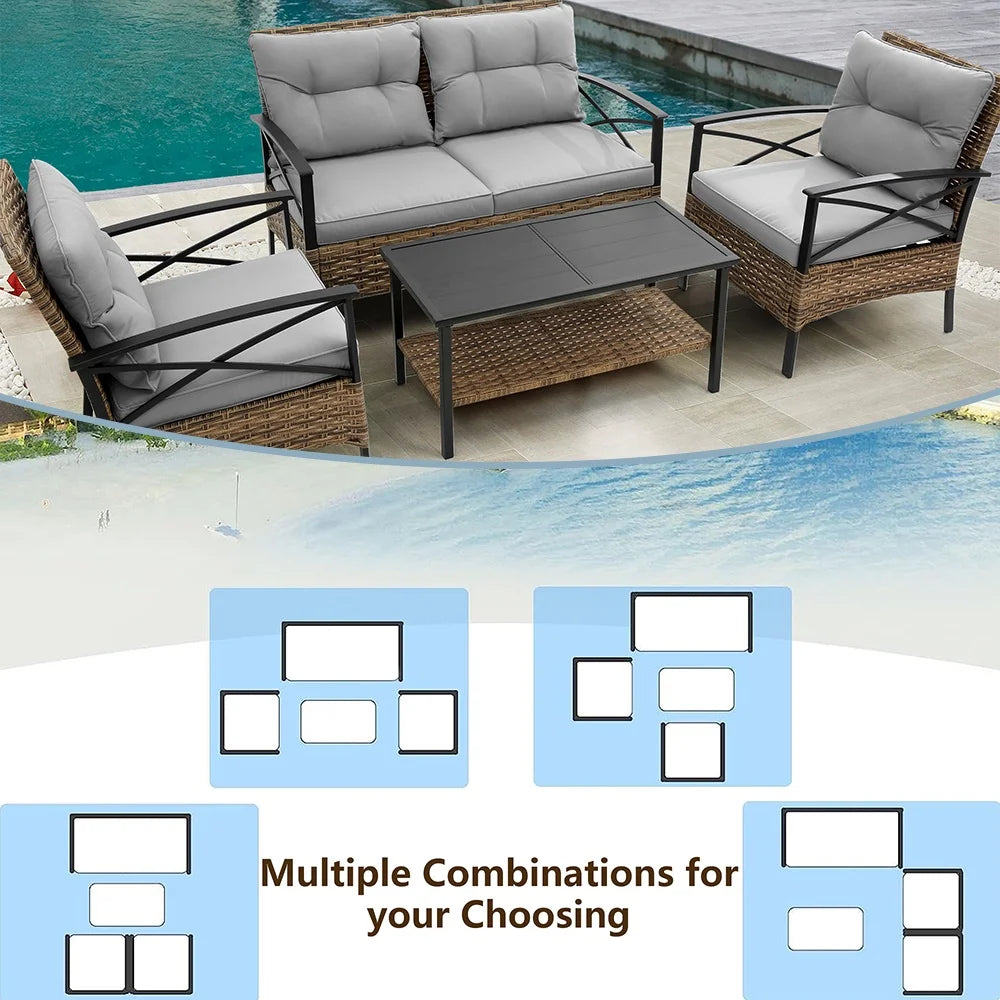 Patio Sofa Set, 4 Pieces Outdoor Sectional Furniture, All-Weather PE Rattan Wicker Patio Conversation Set, Cushioned Sofa Set with Coffee Table for Patio Garden Poolside Deck