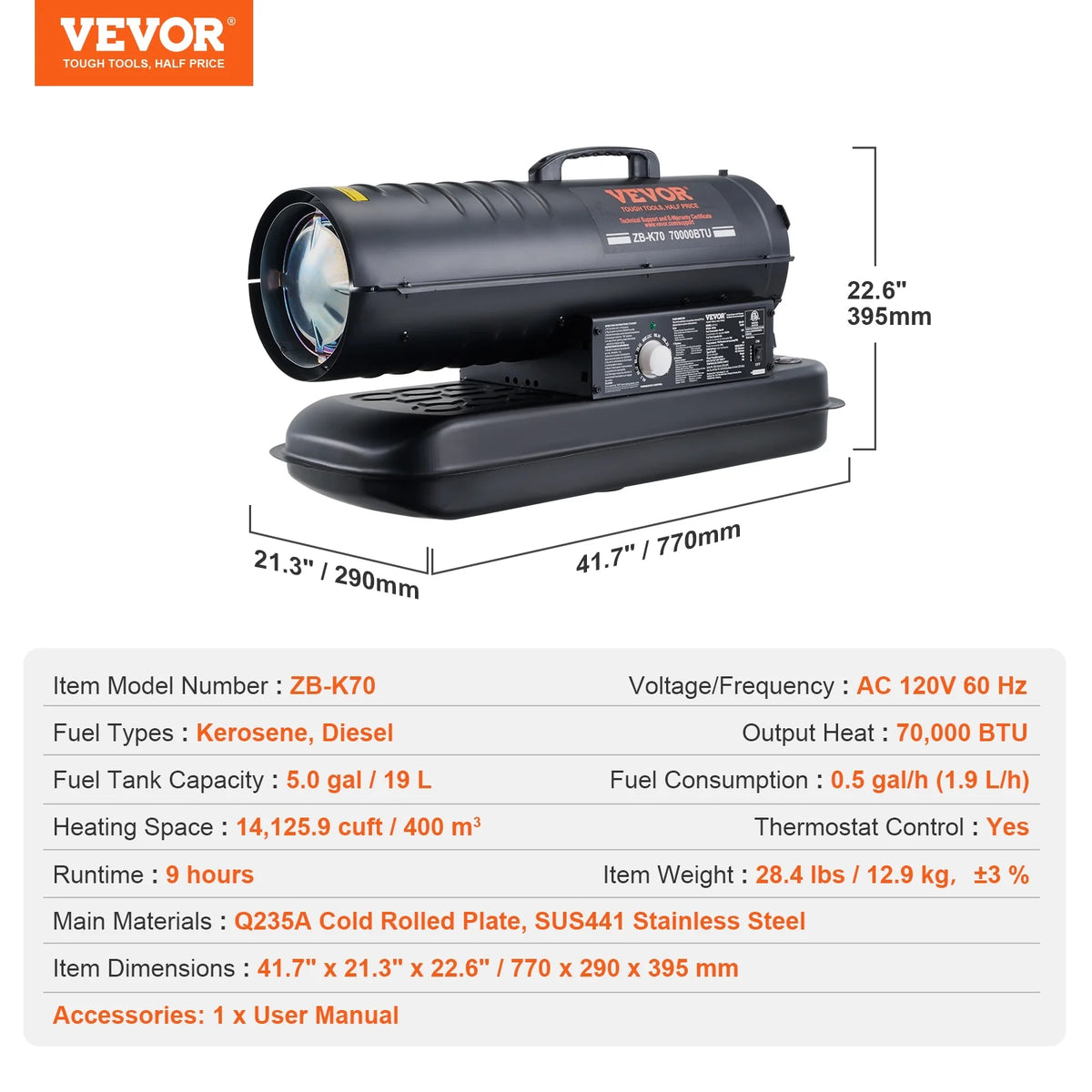 VEVOR Kerosene Forced Air Heater, 70000 BTU Portable Torpedo Diesel Space Heater with Thermostat, 5 Gallon Tank Energy-Efficient heavy-duty Heater, for Indoor Outdoor Use Workshop Industry