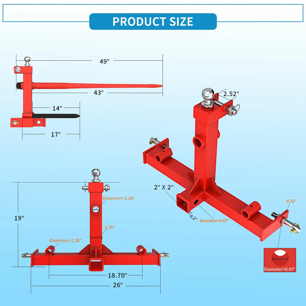 RVNI Tractor Attachments 3 Point Hay Bale Spear Trailer Hitch Receiver Cat 1 Tractor Lift Capacity 3000lb With Gooseneck Ball