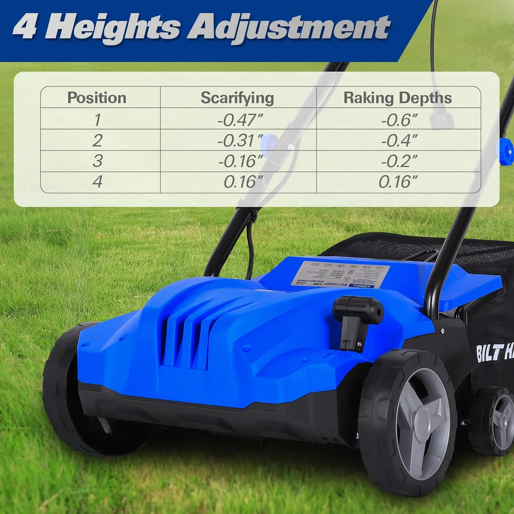BILT HARD Dethatcher Scarifier Electric Powered, 12 Amp Copper Motor 13 inch Raking Width with 8 gal Thatch Bag