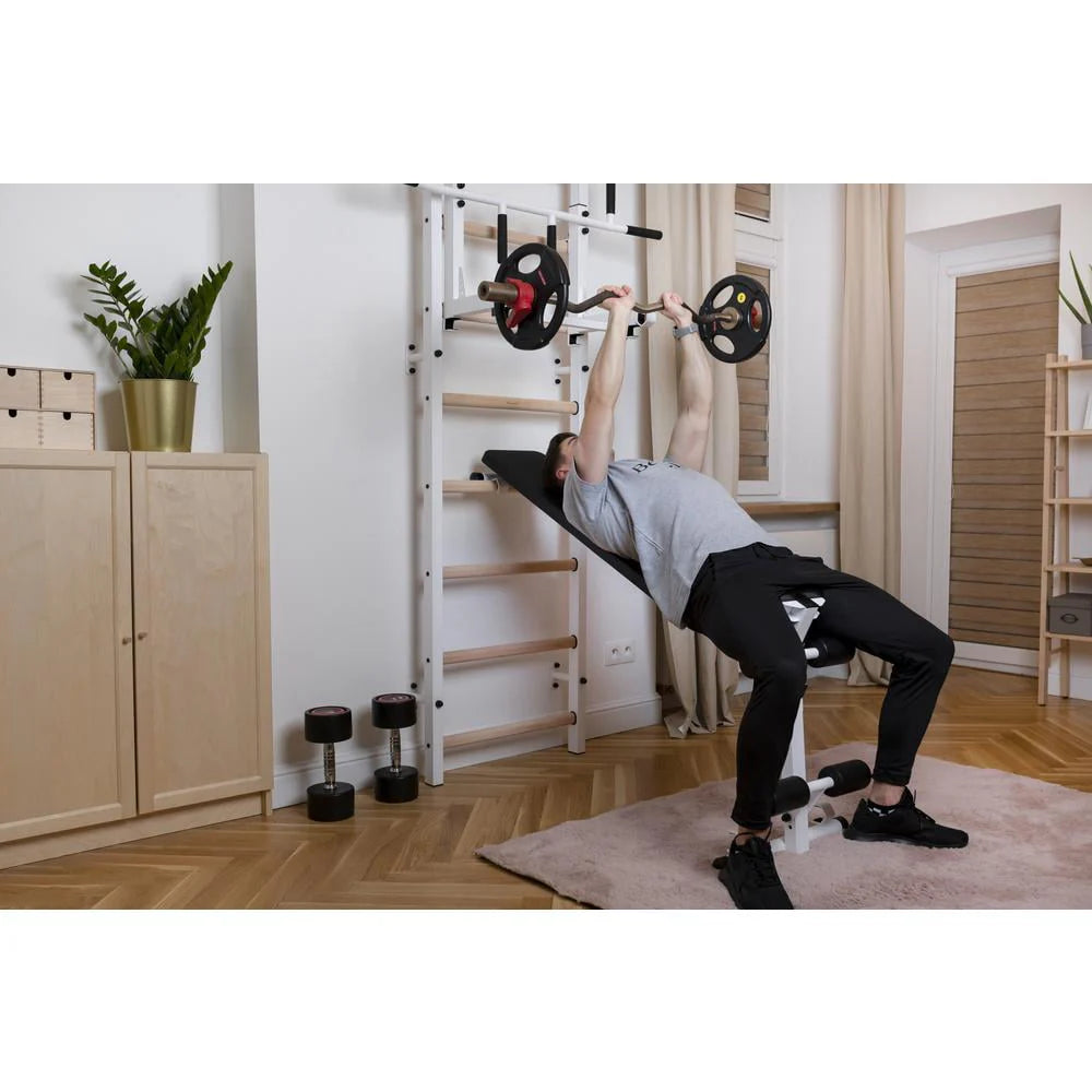 BenchK 733 White Wall bars with convertible steel 6-grip pull-up bar that can also be used as a barbell holder, dip bar with back support and advanced workout bench
