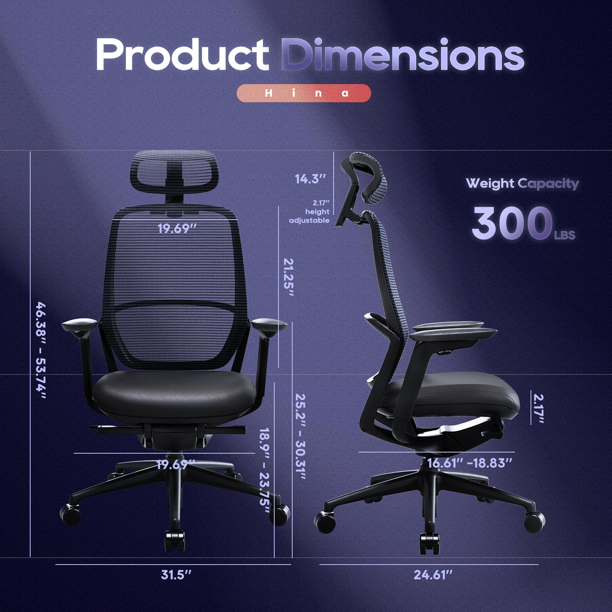 Ergonomic Office Chair, High Back Mesh Desk Chair with Adjustable Lumbar Support, Reclining Backrest, 4D Armrests, Breathable Mesh, Comfortable Computer Chair for Home Office, Work,Study