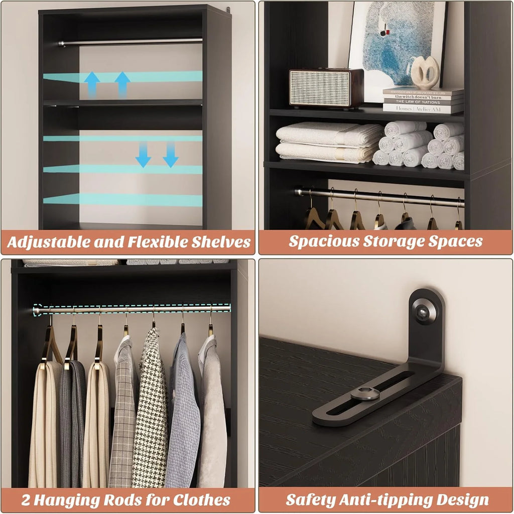 Homieasy 25�?Closet System, Freestanding Closet Organizer Wardrobe with Hanging Rods and Shelves, Adjustable Clothes Garment Rack, Sturdy Walk in Closet Tower, White