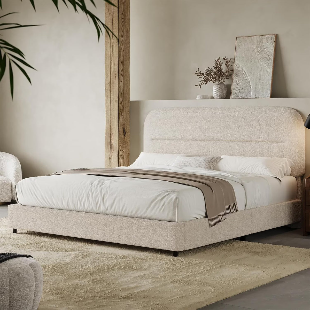 4 EVER WINNER Queen Bed Frame with Headboard, Boucle Upholstered Platform Bed Frame wiith Rounded Corner, Soft Cloud Bed Frame, No Box Spring Needed, White