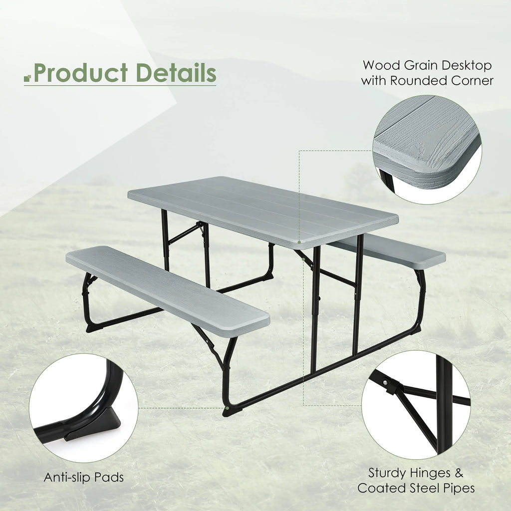 Costway Indoor & Outdoor Folding Picnic Table Bench Set w/ Wood-like Texture Grey