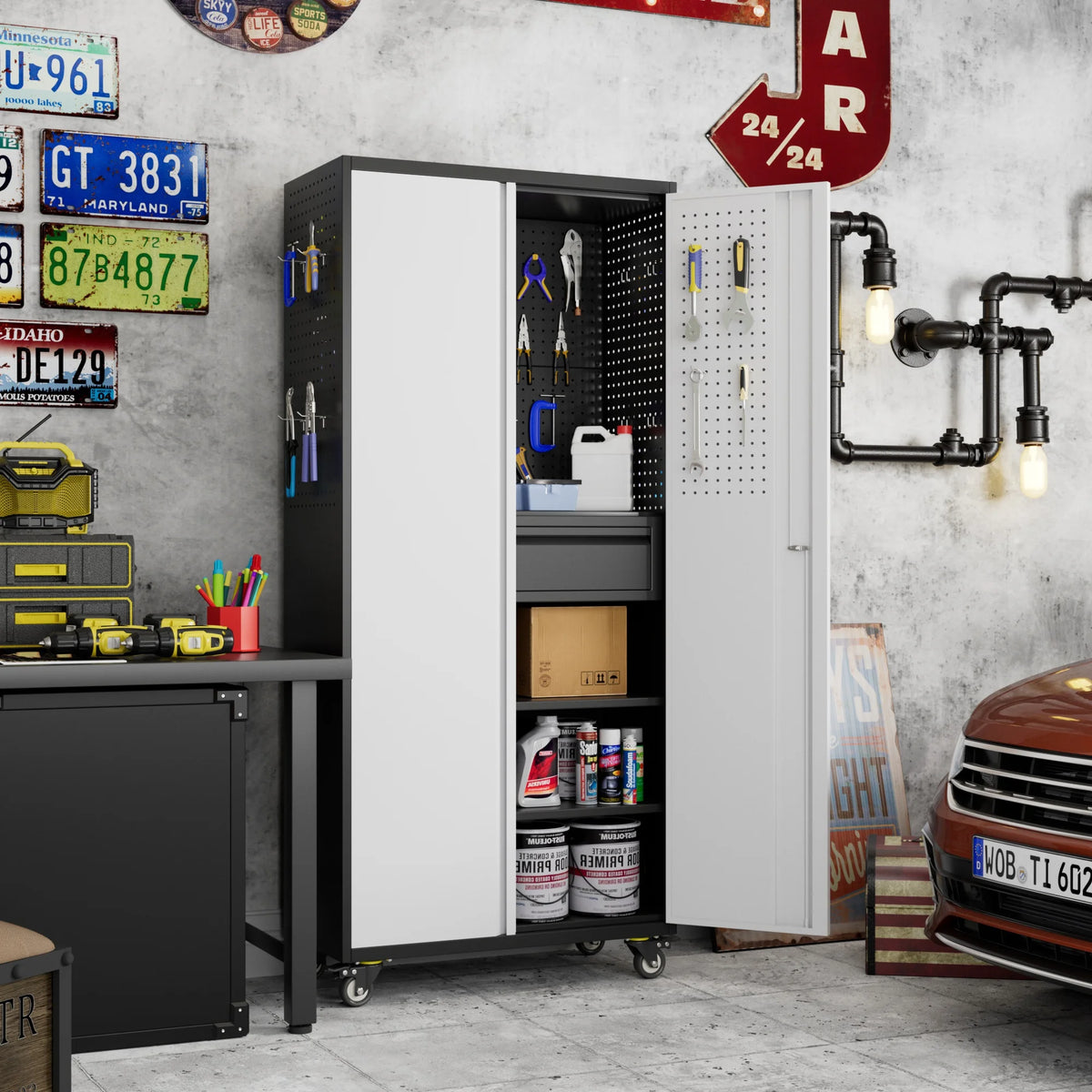 Aobabo Metal Storage Cabinet with Lock,Garage Storage Cabinet with Wheels,72In Steel Storage Cabinet for Garage Home Storage, Black Required-Assembly