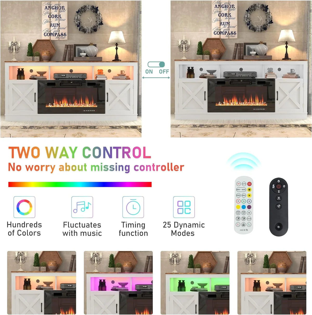 ChVans 70" Fireplace TV Stand for TVs up to 80" with 36" Electric Fireplace, Farmhouse Entertainment Center with LED, Wooden Media Console for Living Room, Bedroom