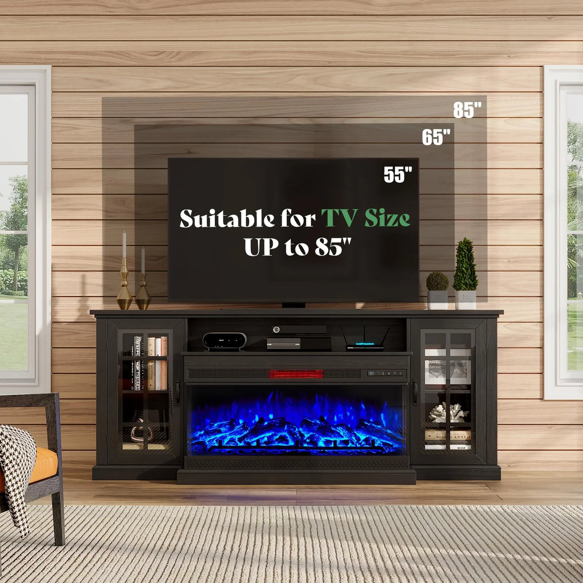 Merluxy 75in 3-Sided Glass Fireplace TV Stand for TVs up to 85", Distressed White