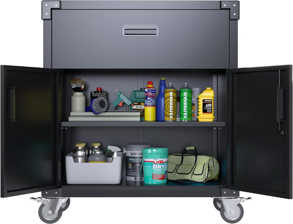 Aobabo Metal Storage Cabinet with Lock,Garage Storage Cabinet with Wheels,72In Steel Storage Cabinet for Garage Home Storage, Black Required-Assembly