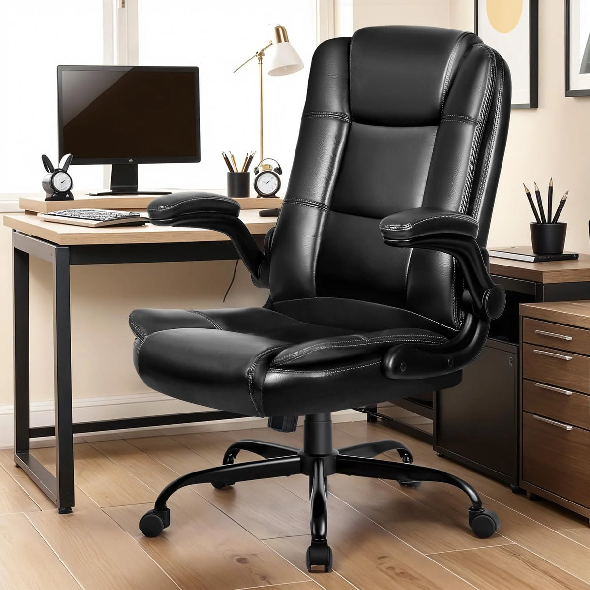 Office Chair - Ergonomic Leather Office Chair Computer Desk Chair, Comfortable High Back Office Chair with Adjustable Flip-up Armrest, Executive Leather Office Desk Chair with Smooth Wheels, Black