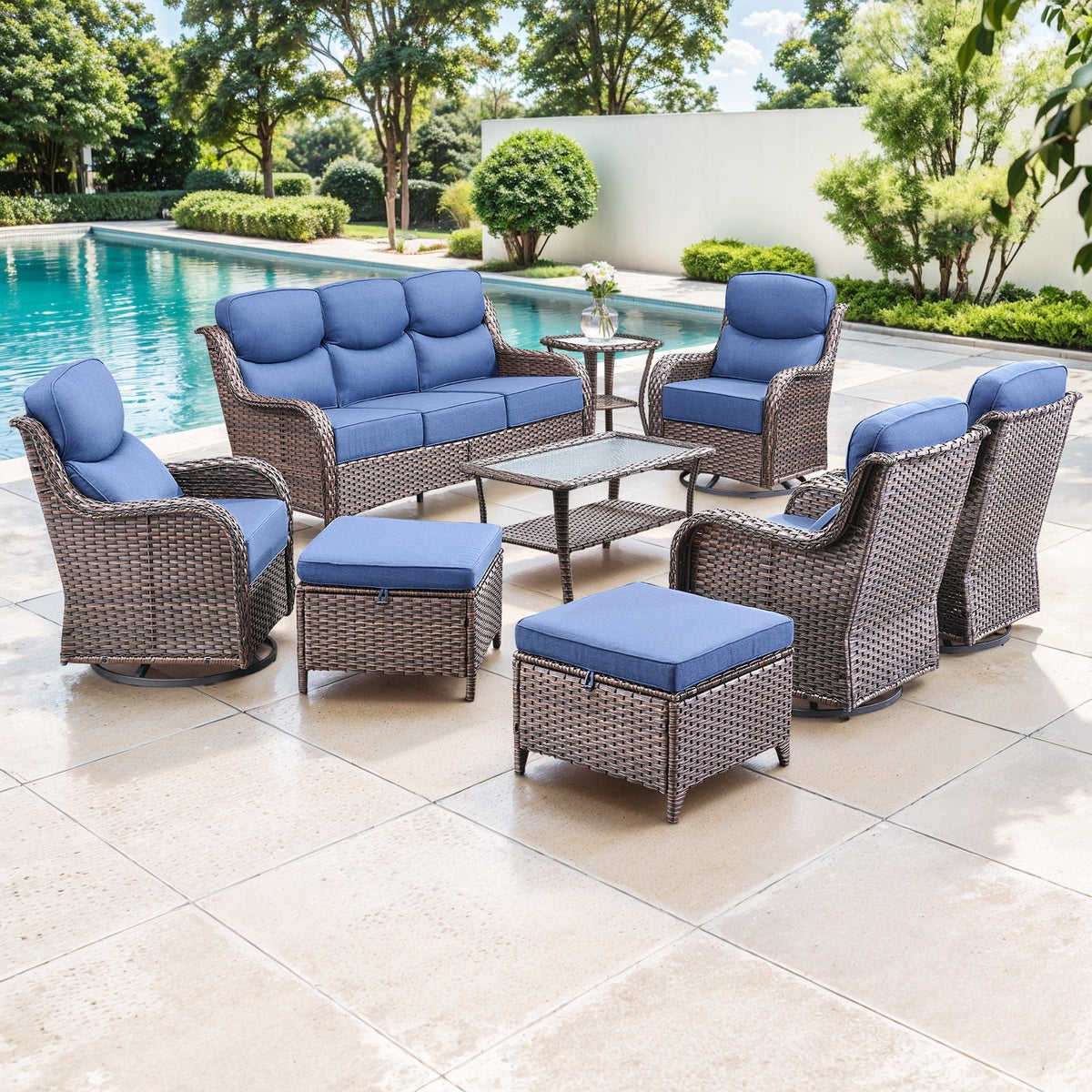 Bellefurn Luxury Outdoor Patio Furniture Set,Swivel Rocker Patio Chairs with 6-inch Thick Cushion,Patio Sofa and Glass Coffee Table,Outdoor Conversation Set for Porch, Deck, Yard