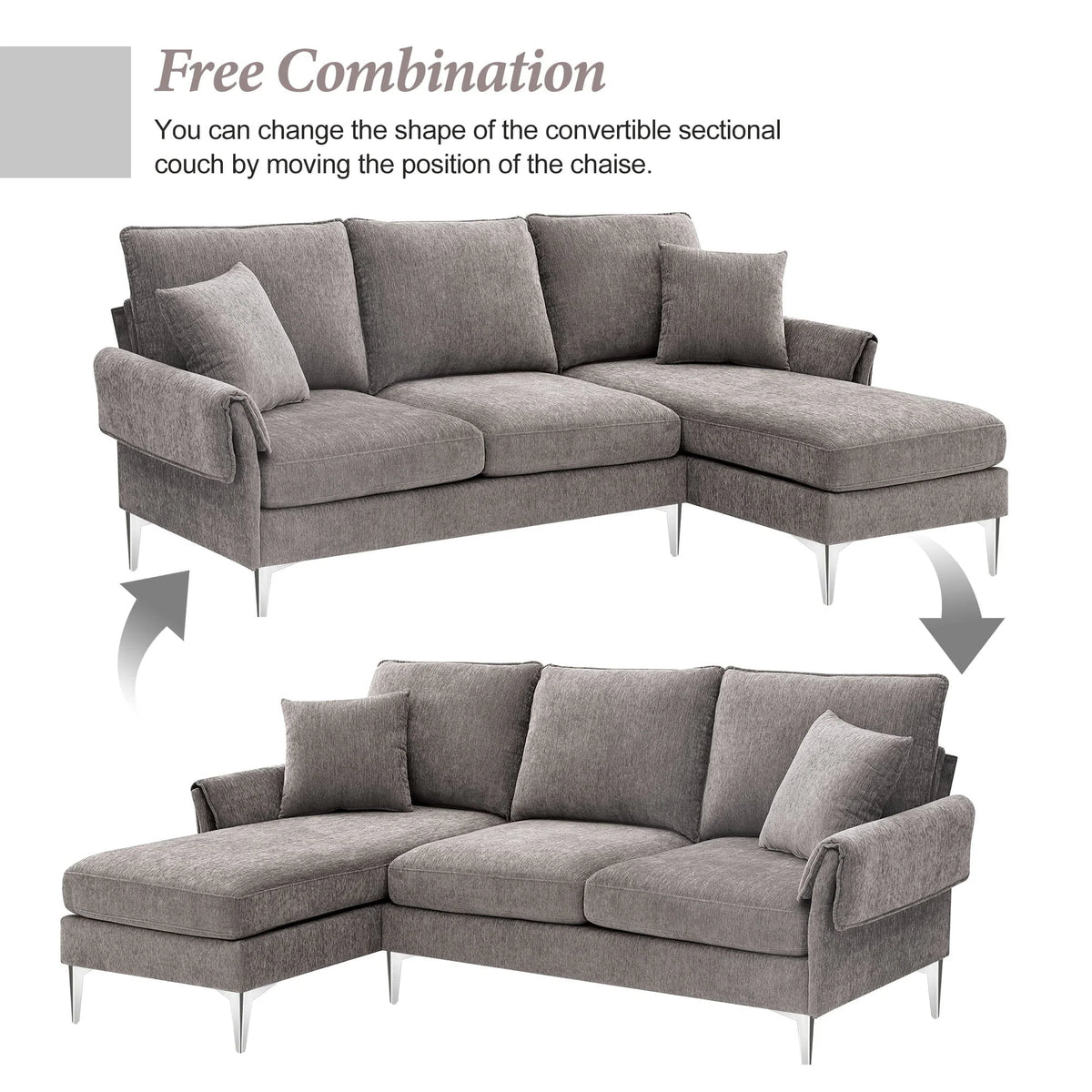 Churanty L Shaped Sofa for Small Spaces Convertible Sectional Sofa with Reversible Chaise Lounge,Grey