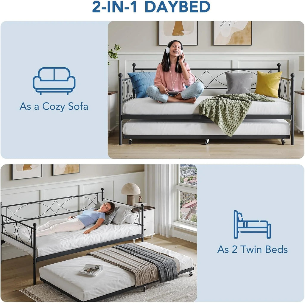 Senfot Twin Daybed with Trundle, Pull Out Trundle Day Bed, Twin Mattress Foundation with Metal Slats, Modern Sofa Bed for Living Room, Bedroom, and Guest Room, Black