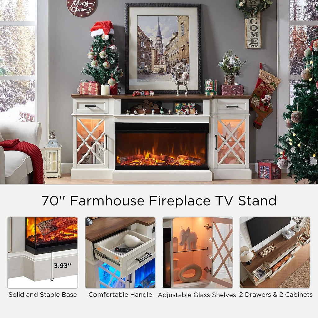 OKD Farmhouse 3-Sided Fireplace TV Stand for 80" TVs, 70" Entertainment Center with Electric Fireplace and Storage Drawers, Antique White