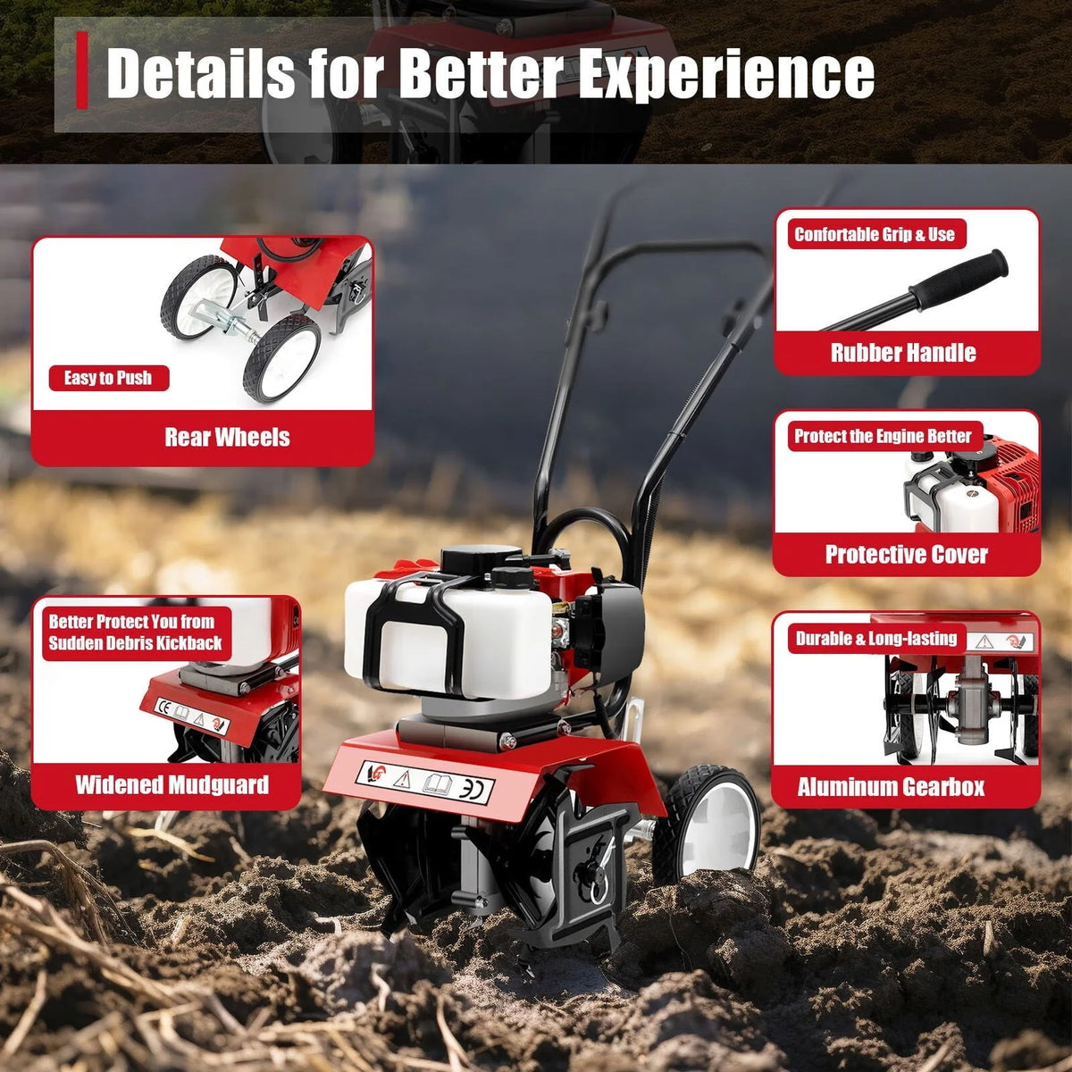 Wuzstar 52CC 2 Stroke Gasoline Engine Rototiller Mini Garden Single-Cylinder Tiller Cultivator