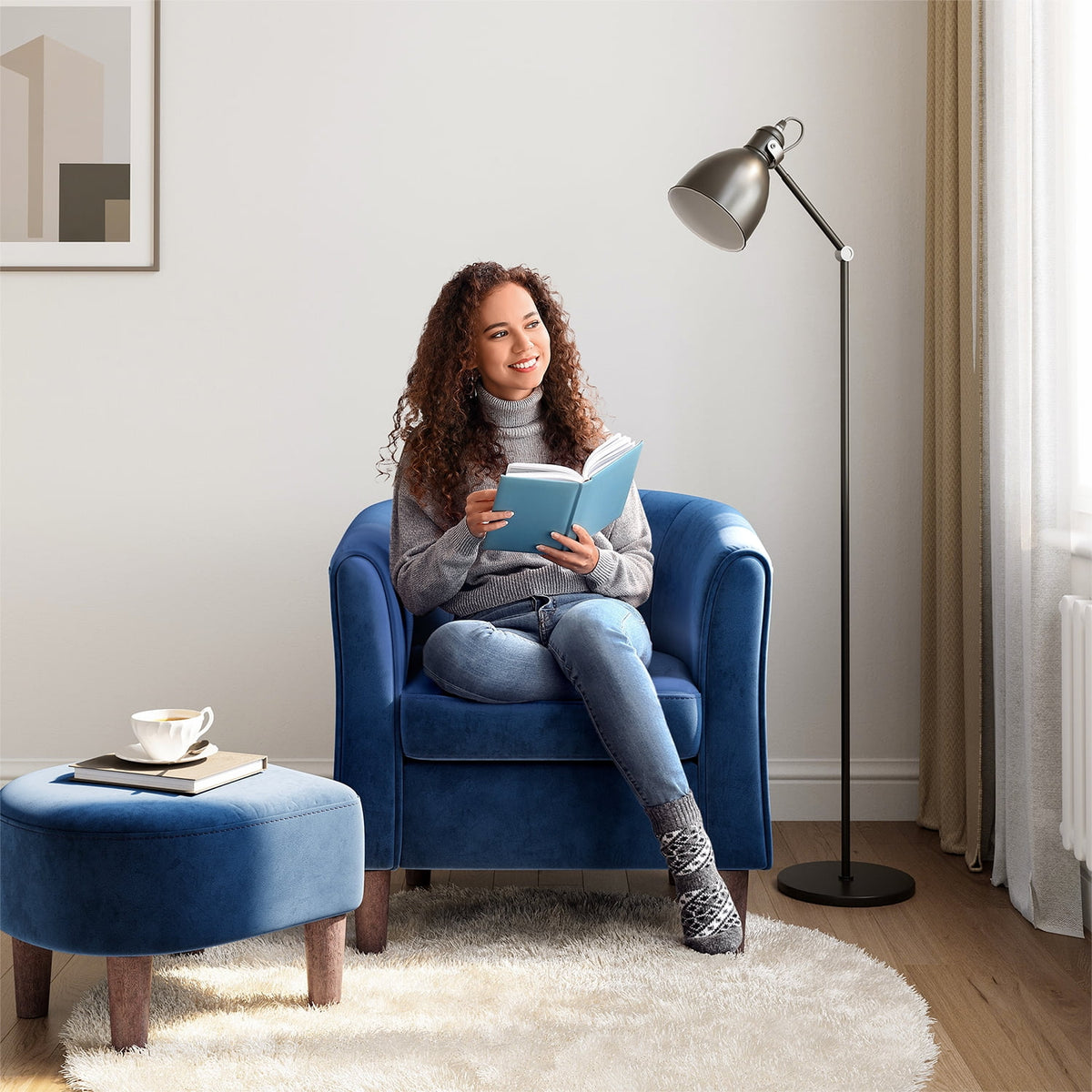 LINSY HOME Accent Chair Set of 2, Velvet Accent Chair with Ottoman for Living Room, Blue