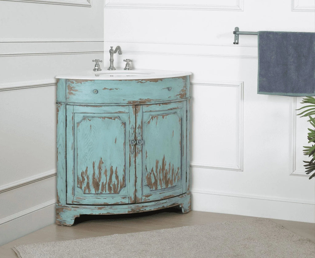 Benton Collection 24" Distressed Gray Corner Bathroom Vanity with White Quartz Top