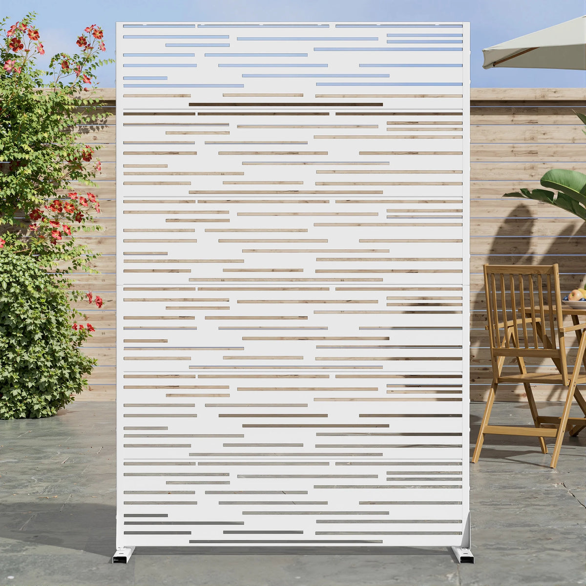 MAYEERTY 72 �� 47in Outdoor Privacy Screen with Stand Metal Balcony Decorative Screen, Black