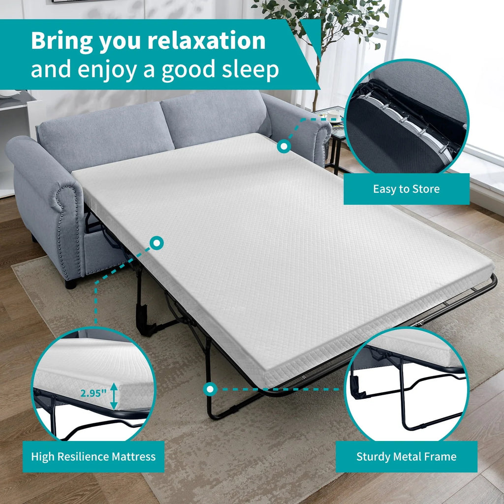 BALUS 2-in-1 Pull Out Sofa Bed, Upholstered 2 Seat Loveseat Sofa, Queen Size Convertible Couch Bed with Mattress Sleeper Sofa Couch for Living Room Apartment Office,Grey