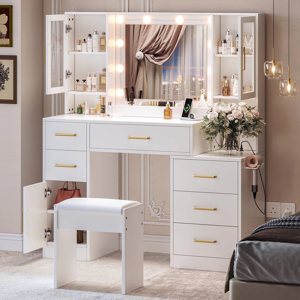 UGTOO 58.3" White Vanity Desk with Mirror, Adjustable Lighting, Power Outlet, Drawers, with Stool