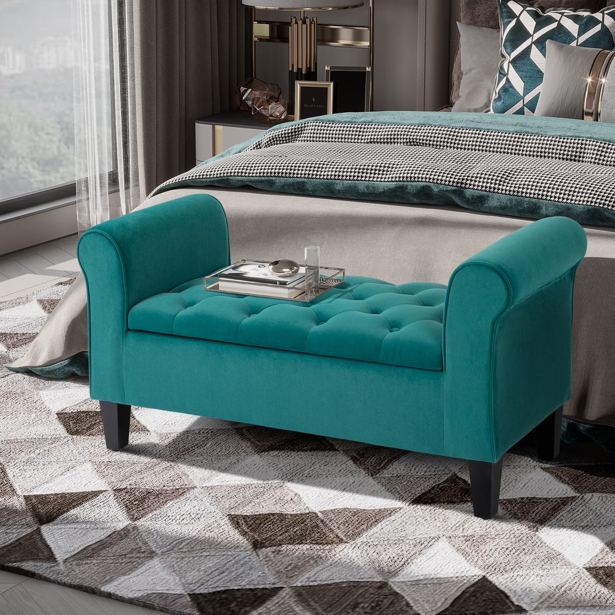 HOMCOM Button-Tufted Storage Ottoman Bench, Upholstered Bench with Rolled Armrests for Living Room or Hallway, Blue