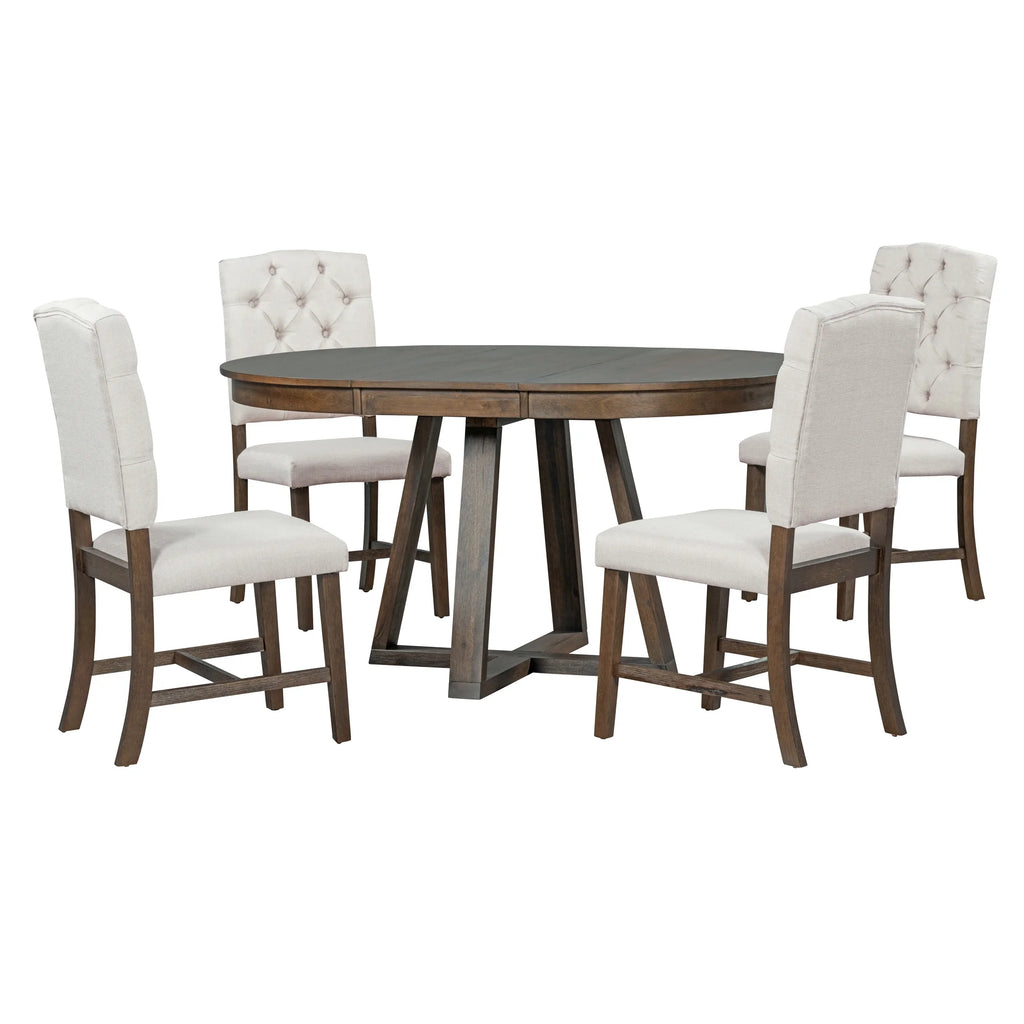 Harper & Bright Designs Round Extendable Dining Table Set for 4, 5 Piece Farmhouse Wood Dining Table Set with 4 Upholstered Dining Chairs, Natural Wood Wash