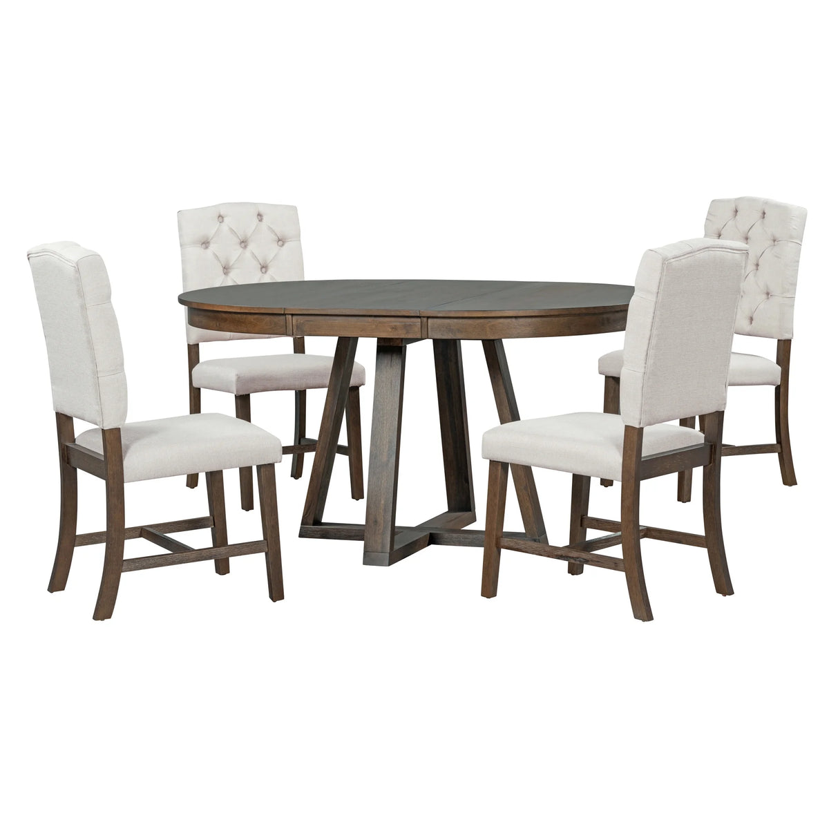 Harper & Bright Designs Round Extendable Dining Table Set for 4, 5 Piece Farmhouse Wood Dining Table Set with 4 Upholstered Dining Chairs, Natural Wood Wash