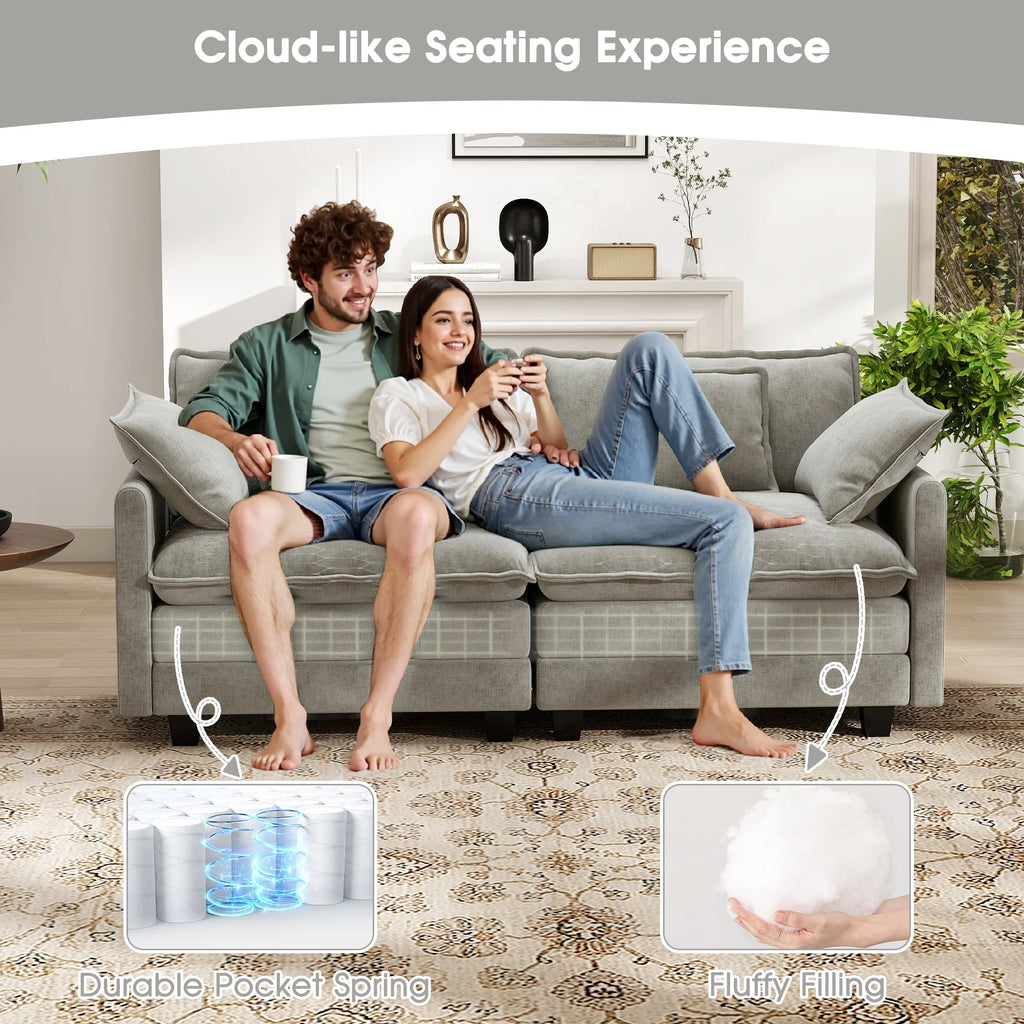 BedLuxury 111.5'' Modular Sectional Sofa with Movable Ottomans, U Shaped Cloud Couch for Living Room, 3-Seat, Beige