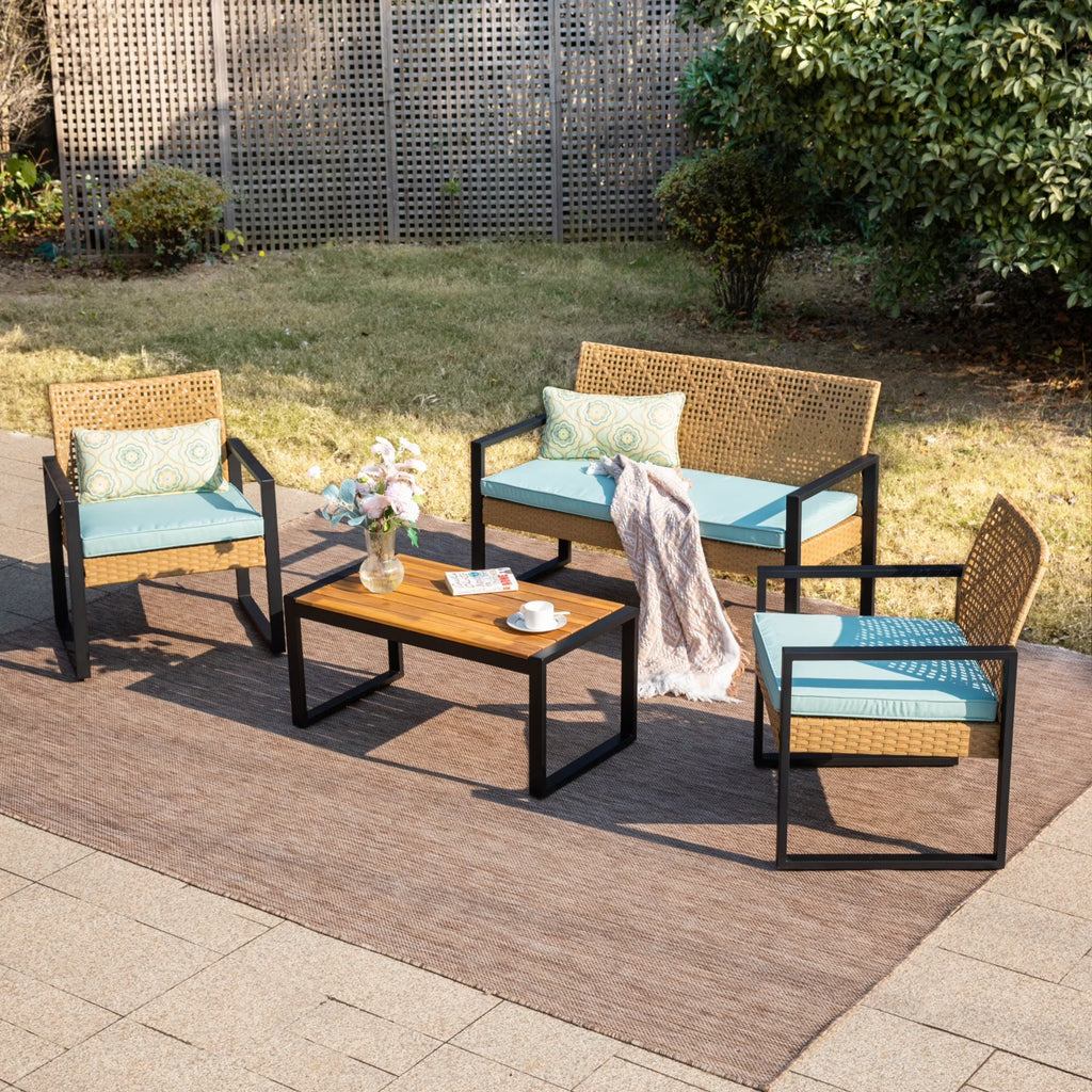 MF Studio 4-Piece All-Weather Rattan Patio Furniture Set, Outdoor Conversation Set with Wood Table, Brown and Beige