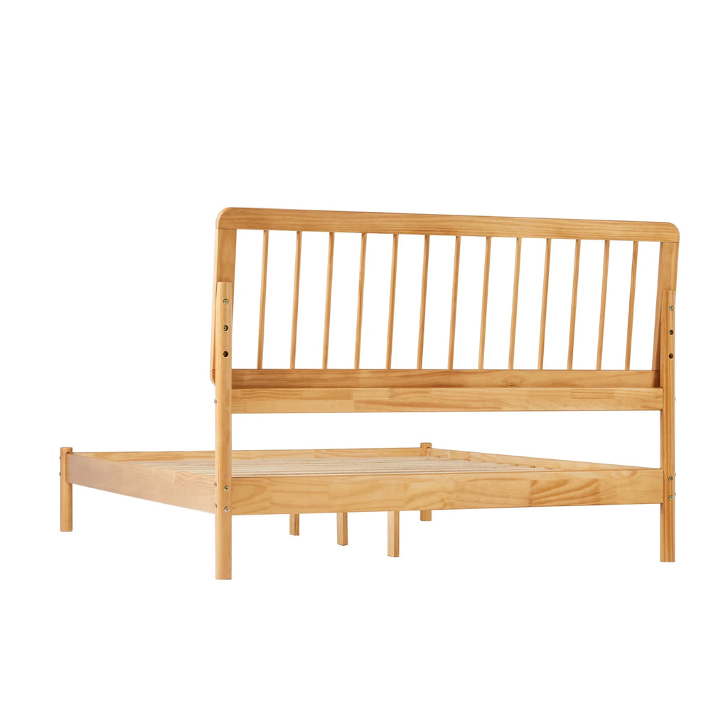 Walker Edison Mid-Century Modern Slatted Solid Wood Queen Bedframe, Natural Pine