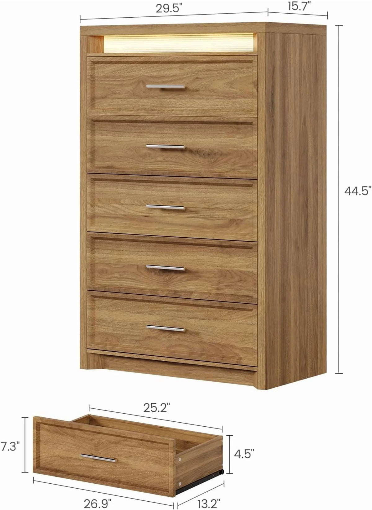 AOGLLATI Mid-Century Modern Dresser for Bedroom with 5 Drawer, Dressers& Chests of Drawers, 44.5�� Tall Wood Dresser with 3 Color Lights for Bedroom, Wood