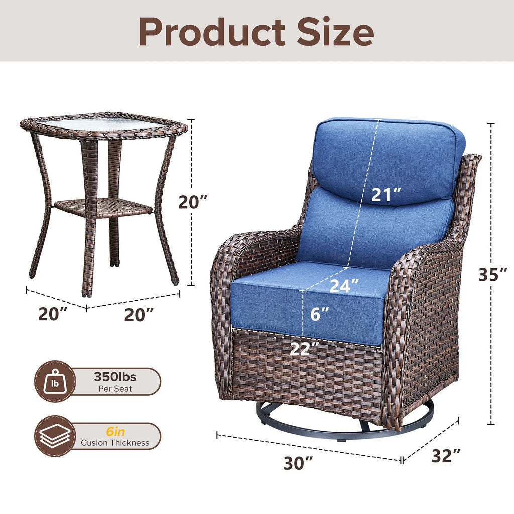 Bellefurn Luxury Outdoor Patio Furniture Set,Swivel Rocker Patio Chairs with 6-inch Thick Cushion,Patio Sofa and Glass Coffee Table,Outdoor Conversation Set for Porch, Deck, Yard