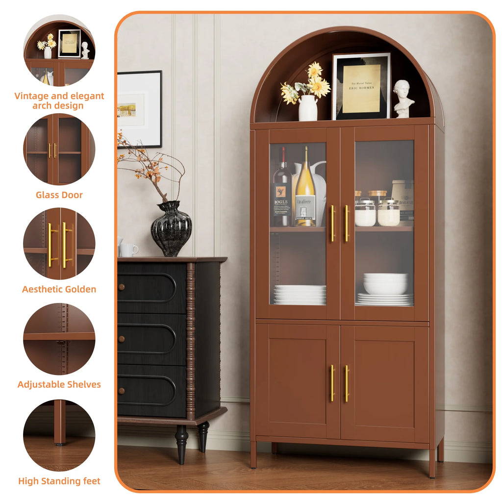 SUPEER Metal Arched Storage Display Cabinet with Glass Doors and Adjustable Shelves, Lockable Cabinet, Assembly Required, Black